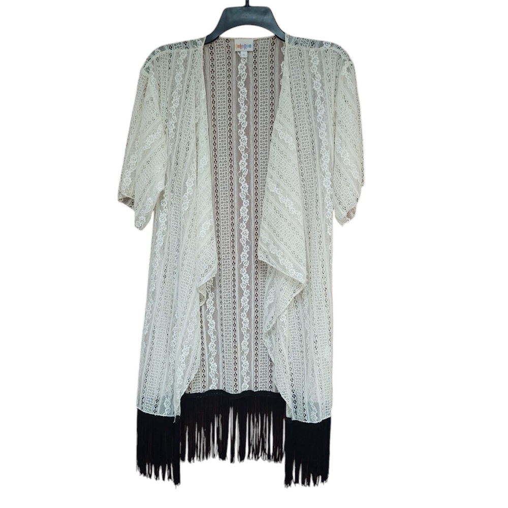 EUC LuLaRoe Cream and Black Cardigan/Kimono with Fringe Size S